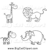 Big Cat Cartoon Vector Clipart of a Black and White Giraffe, Lion, Zebra and Elephant by Hit Toon