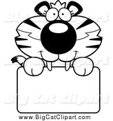 Big Cat Cartoon Vector Clipart of a Black and White Happy Tiger Cub over a Sign by Cory Thoman