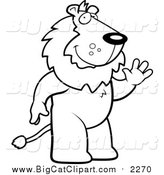 Big Cat Cartoon Vector Clipart of a Black and White Lineart Friendly Lion Standing and Waving by Cory Thoman
