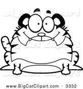 Big Cat Cartoon Vector Clipart of a Black and White Lineart Happy Chubby Tiger by Cory Thoman