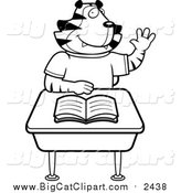 Big Cat Cartoon Vector Clipart of a Black and White Lineart Tiger Student Raising His Hand at a Desk by Cory Thoman