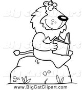 Big Cat Cartoon Vector Clipart of a Black and White Lion Reading a Book on a Rock by Cory Thoman