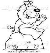 Big Cat Cartoon Vector Clipart of a Black and White Lion Sitting and Waving by Cory Thoman