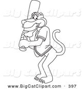 Big Cat Cartoon Vector Clipart of a Black and White Outline of a Panther Character Mascot Playing Baseball by Mascot Junction