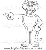 Big Cat Cartoon Vector Clipart of a Black and White Outline of a Panther Character Mascot Pointing Left by Mascot Junction
