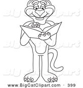 Big Cat Cartoon Vector Clipart of a Black and White Outline of a Panther Character Mascot Reading by Toons4Biz