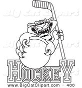 Big Cat Cartoon Vector Clipart of a Black and White Outline of a Panther Character Mascot with Hockey Text by Mascot Junction