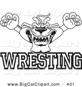 Big Cat Cartoon Vector Clipart of a Black and White Outline of a Panther Character Mascot with Wrestling Text by Mascot Junction