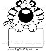 Big Cat Cartoon Vector Clipart of a Black and White Tiger Holding a Sign by Cory Thoman