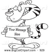 Big Cat Cartoon Vector Clipart of a Black and WHite Tiger Holding a Sign with Sample Text by Toonaday