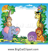 Big Cat Cartoon Vector Clipart of a Border of Animals and a Sunset by Visekart