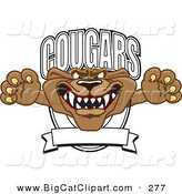 Big Cat Cartoon Vector Clipart of a Brown Cougar Mascot Character School Banner Logo by Mascot Junction