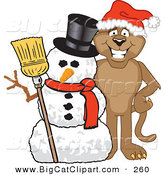 Big Cat Cartoon Vector Clipart of a Brown Cougar Mascot Character with a Snowman by Mascot Junction