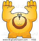 Big Cat Cartoon Vector Clipart of a Buff Lion Giving Up, Hands in the Air by Cory Thoman