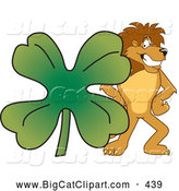 Big Cat Cartoon Vector Clipart of a Cheerful Lion Character Mascot with a Clover by Mascot Junction
