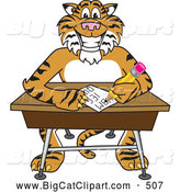 Big Cat Cartoon Vector Clipart of a Cheerful Tiger Character School Mascot Doing Homework at a Desk by Mascot Junction