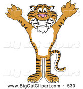 Big Cat Cartoon Vector Clipart of a Cheerful Tiger Character School Mascot Holding His Arms up by Toons4Biz
