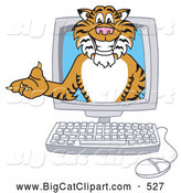 Big Cat Cartoon Vector Clipart of a Cheerful Tiger Character School Mascot in a Computer by Toons4Biz