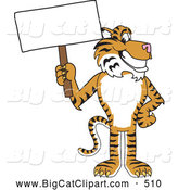 Big Cat Cartoon Vector Clipart of a Cheerful Tiger Character School Mascot with a Blank Sign by Mascot Junction