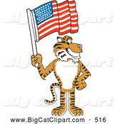 Big Cat Cartoon Vector Clipart of a Cheerful Tiger Character School Mascot with an American Flag by Toons4Biz