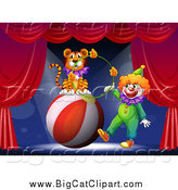 Big Cat Cartoon Vector Clipart of a Circus Clown and Tiger with a Ball and Hoop by