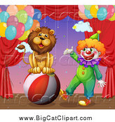Big Cat Cartoon Vector Clipart of a Circus Lion and Clown Performing on Stage by