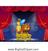 Big Cat Cartoon Vector Clipart of a Circus Parrot on a Lion's Back on Stage by