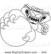 Big Cat Cartoon Vector Clipart of a Coloring Page Outline Design of a Panther Character Mascot Grabbing a Ball by Mascot Junction