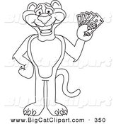 Big Cat Cartoon Vector Clipart of a Coloring Page Outline Design of a Panther Character Mascot Holding Cash by Toons4Biz
