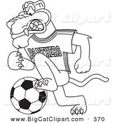 Big Cat Cartoon Vector Clipart of a Coloring Page Outline of a Panther Character Mascot Playing Soccer by Mascot Junction
