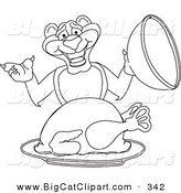 Big Cat Cartoon Vector Clipart of a Coloring Page Outline of a Panther Character Mascot Serving a Turkey by Toons4Biz