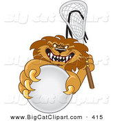 Big Cat Cartoon Vector Clipart of a Competitive Lion Character Mascot Playing Lacrosse by Mascot Junction