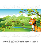 Big Cat Cartoon Vector Clipart of a Cropped Tiger Sitting by a Creek by