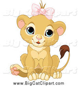 Big Cat Cartoon Vector Clipart of a Cute Baby Female Lion Wearing a Pink Bow by Pushkin