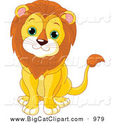 Big Cat Cartoon Vector Clipart of a Cute Baby Male Lion Sitting by Pushkin