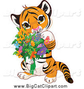 Big Cat Cartoon Vector Clipart of a Cute Baby Tiger Holding Flowers by Pushkin
