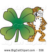 Big Cat Cartoon Vector Clipart of a Cute Cheetah, Jaguar or Leopard Character School Mascot with a Clover by Mascot Junction