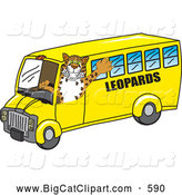 Big Cat Cartoon Vector Clipart of a Cute Leopard Character School Mascot Driving a Bus by Toons4Biz