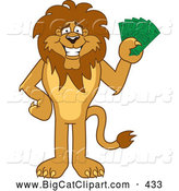 Big Cat Cartoon Vector Clipart of a Cute Lion Character Mascot Holding Cash by Toons4Biz
