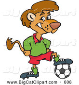 Big Cat Cartoon Vector Clipart of a Cute Lion Resting His Foot on a Soccer Ball by Dennis Holmes Designs