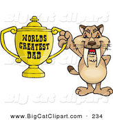 Big Cat Cartoon Vector Clipart of a Cute Sabre Tooth Tiger Character Holding a Golden Worlds Greatest Dad Trophy by Dennis Holmes Designs