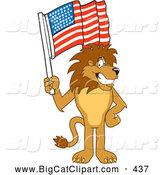 Big Cat Cartoon Vector Clipart of a Friendly Lion Character Mascot Waving an American Flag by Mascot Junction