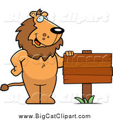 Big Cat Cartoon Vector Clipart of a Friendly Male Lion Standing by a Blank Wood Sign by Cory Thoman