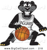 Big Cat Cartoon Vector Clipart of a Grinning Black Jaguar Mascot Character Dribbling a Basketball by Toons4Biz
