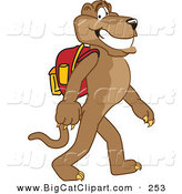 Big Cat Cartoon Vector Clipart of a Grinning Brown Cougar Mascot Character Walking to School by Mascot Junction