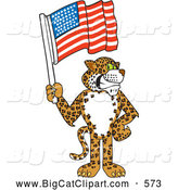 Big Cat Cartoon Vector Clipart of a Grinning Cheetah, Jaguar or Leopard Character School Mascot Holding an American Flag by Toons4Biz