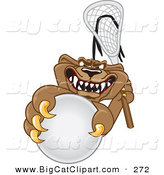 Big Cat Cartoon Vector Clipart of a Grinning Cougar Mascot Character Grabbing a Lacrosse Ball by Mascot Junction