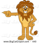 Big Cat Cartoon Vector Clipart of a Grinning Lion Character Mascot Pointing Left by Toons4Biz