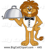 Big Cat Cartoon Vector Clipart of a Grinning Lion Character Mascot Serving a Platter by Mascot Junction