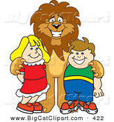 Big Cat Cartoon Vector Clipart of a Grinning Lion Character Mascot with Students by Mascot Junction